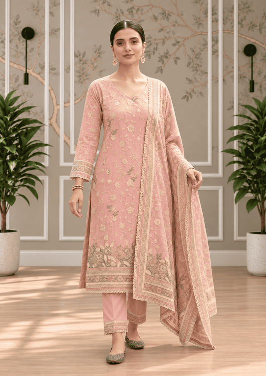 Unstitched Antique Rose Pink Fine Muslin-Cotton Blend With Sequin Accents And Textured Embroidered Suit Material