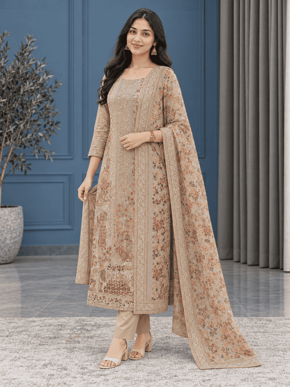 Beige Unstitched Multicoloured Embroidery And Mirror-Sequin Textured Chiffon Suit Set With Dupatta