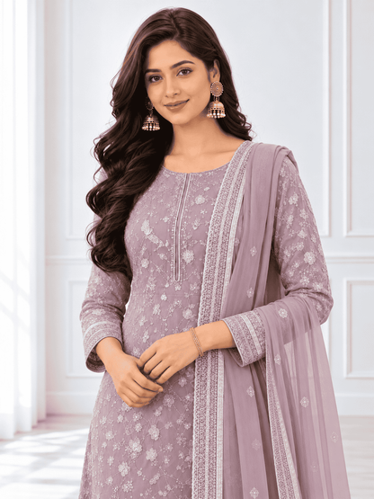 Unstitched Lavender Georgette With Sequin Embroidered Suit Material