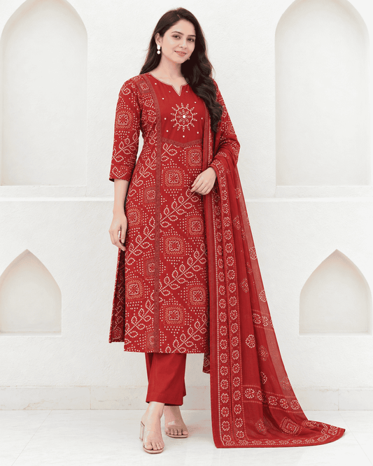 Maroon Printed Cotton Blend Kurta Pant and Dupatta