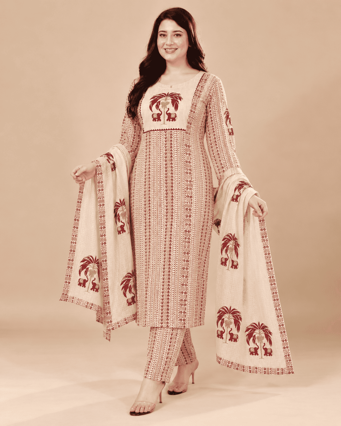Off White in maroon tone printed cotton kurta and pant with dupatta