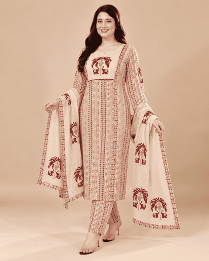 Off White in maroon tone printed cotton kurta and pant with dupatta