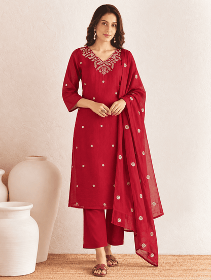 Maroon Embroidered Rayon Kurta Pant and Dupatta