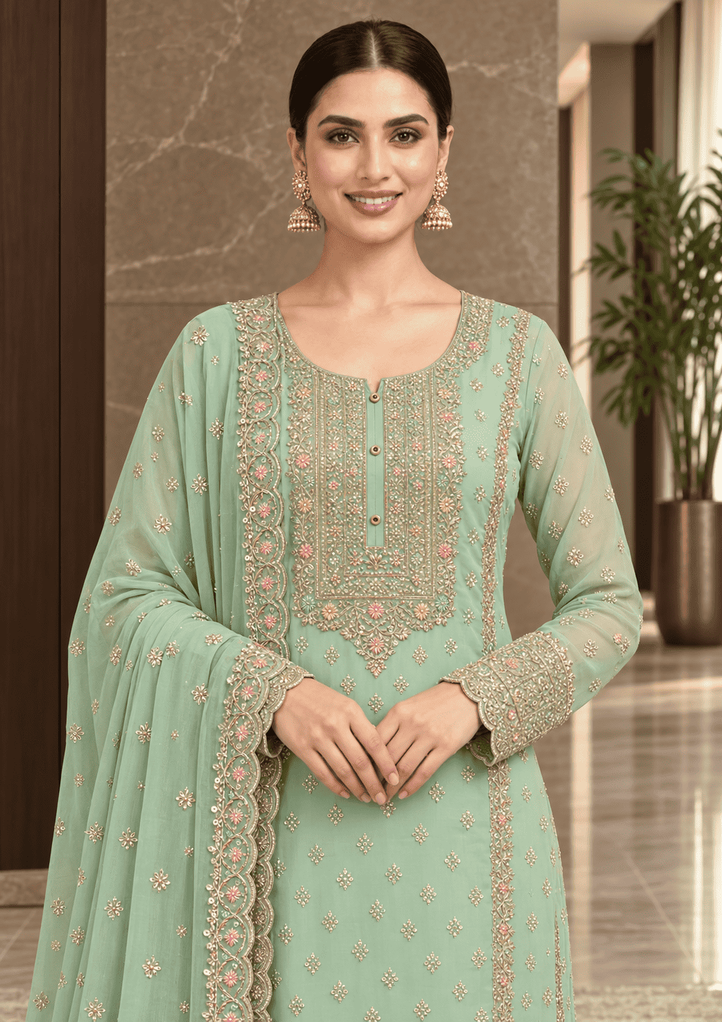 Semi-Stitched Soft Organza In Pastel Aqua With Intricate Multicolour Thread And Sequin Embroidery Suit Material