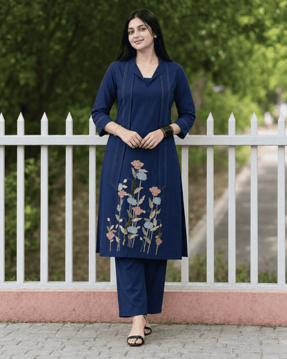 Navy Blue Modal Cotton Embroidered Kurta Pant Set