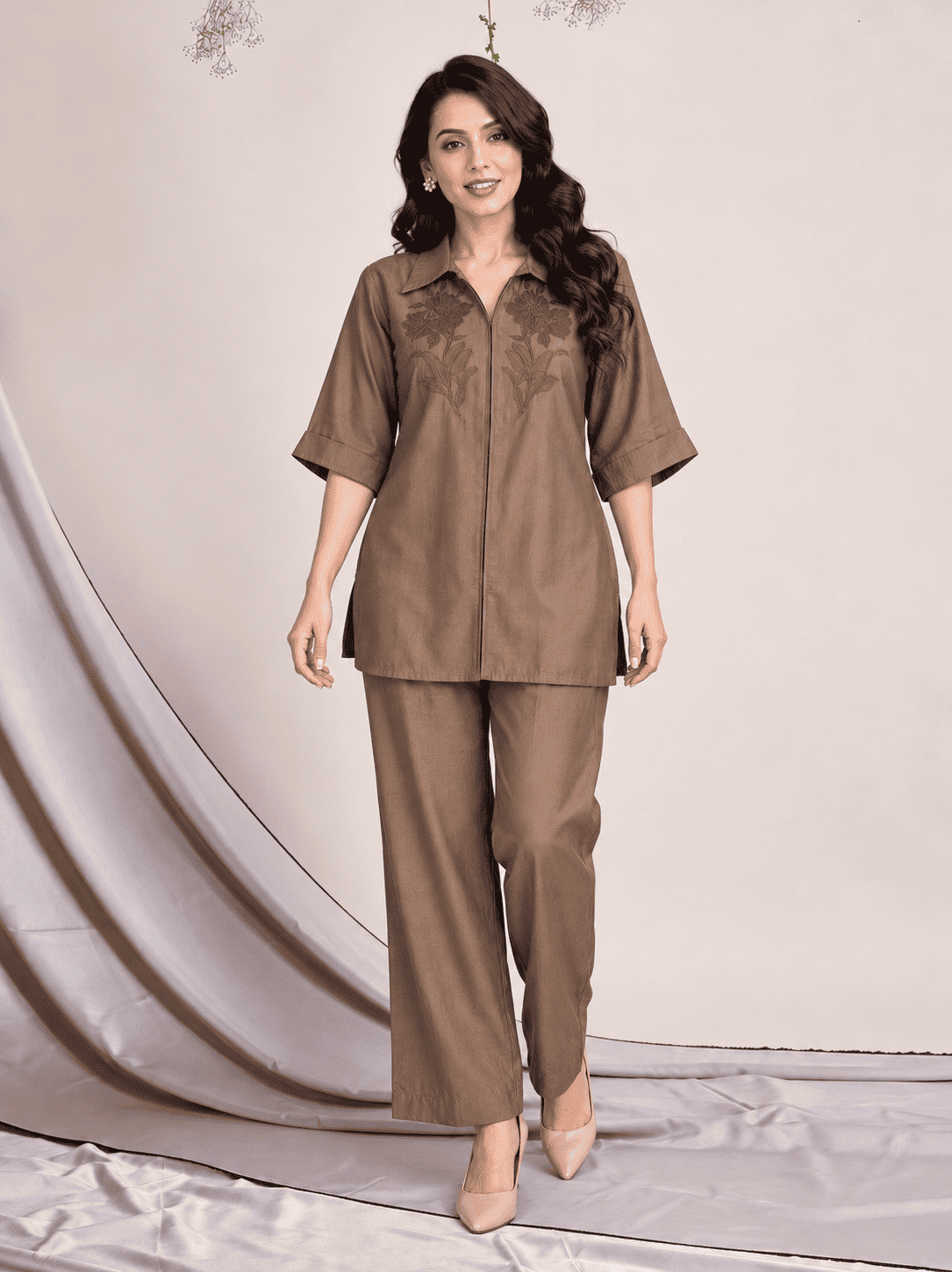 Olive Grey Embroidered Roman Silk Kurta Pant Set