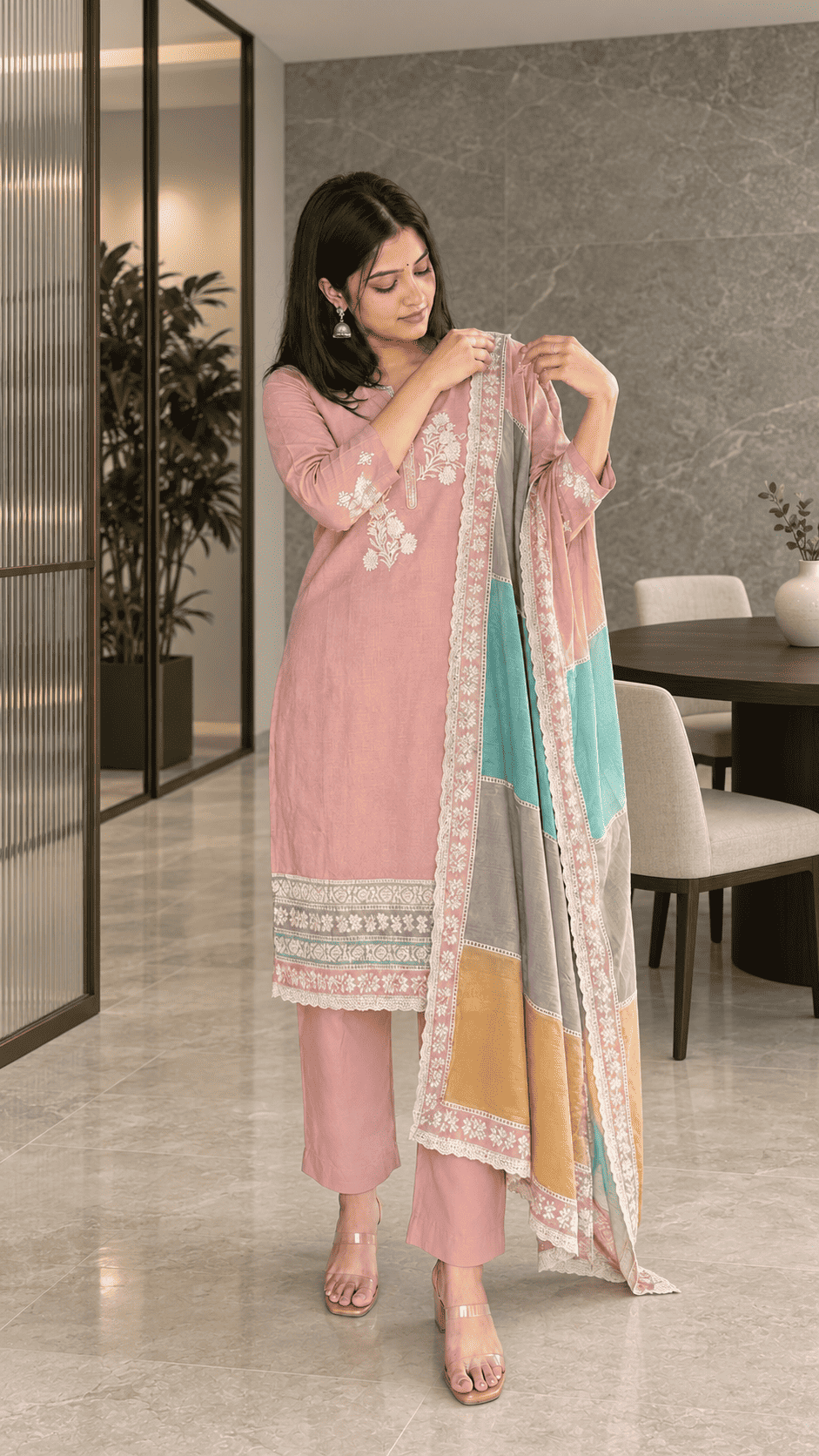 Unstitched pastel pink embroidered cotton suit set with a contrasting dupatta