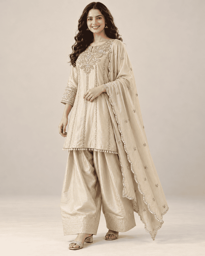 Beige Gold Embroidered Chinon Kurta and Farshi Pant and Dupatta