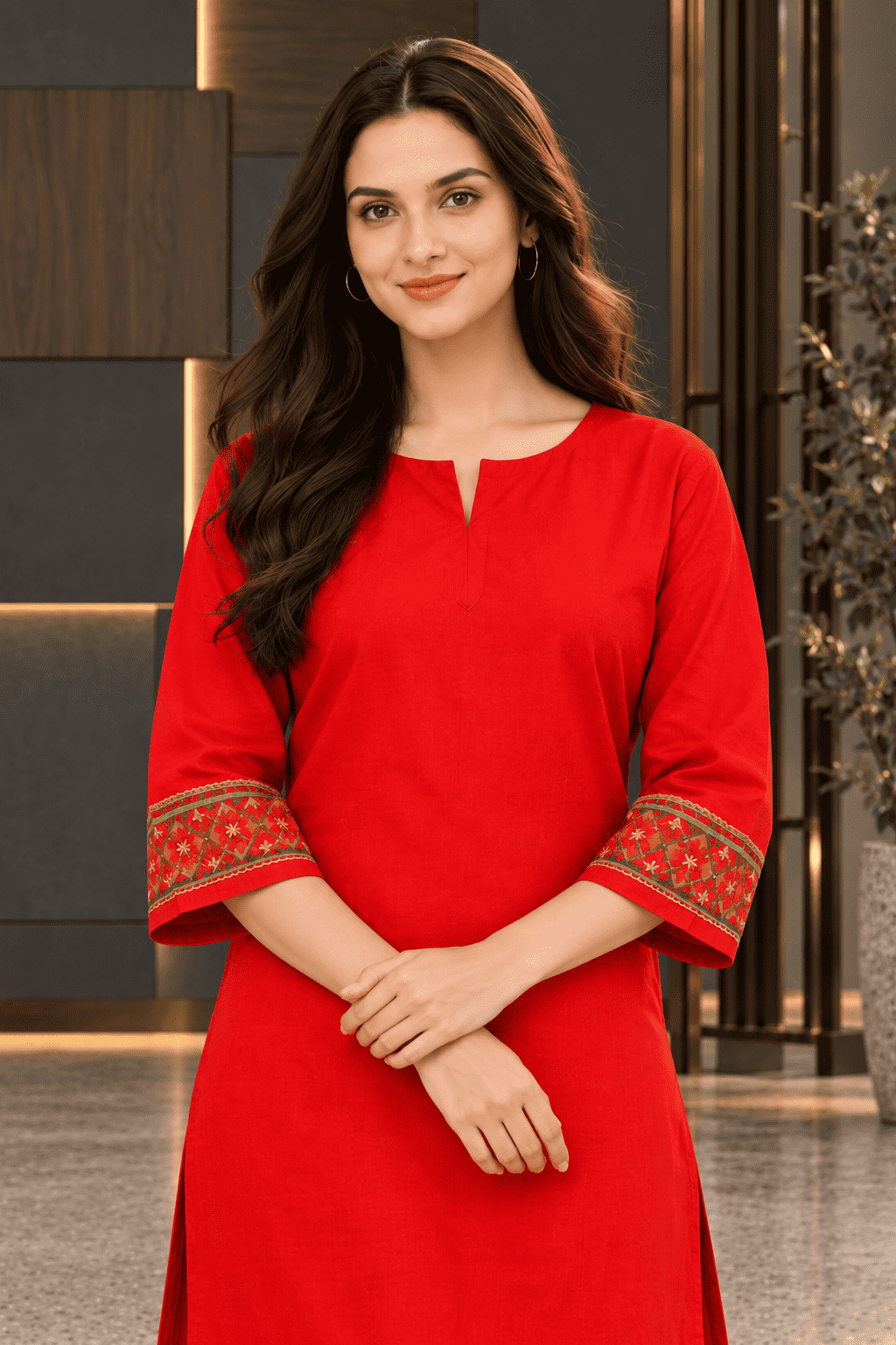 Bright Red embroidered border design linen kurta pant set