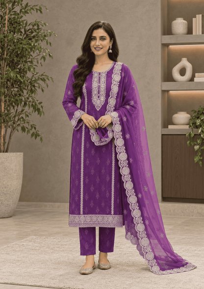 Plum-Purple Semi-Stitched With Multicolour Embroidery Lightweight Organza Suit Set With Dupatta