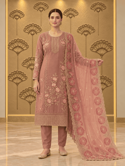 Semi-Stitched Champagne Brown Shimmer Organza With Multicoloured Thread Embroidery Suit Material