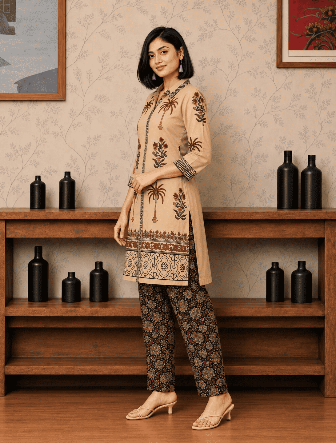 Beige Printed Cotton Blend Kurta Pant Set