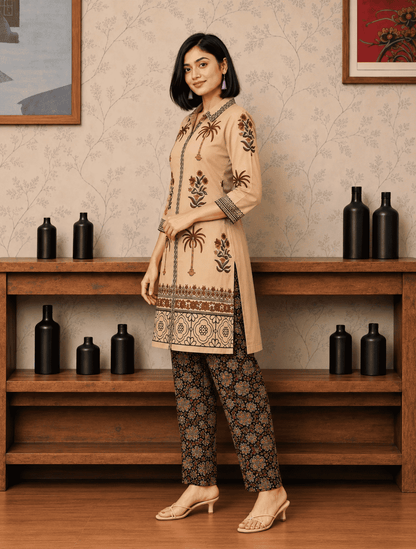 Beige Printed Cotton Blend Kurta Pant Set