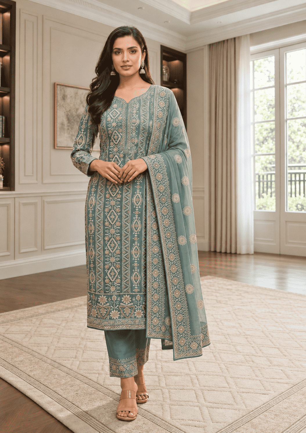 Unstitched Dusty Mustard Olive Green Viscose-Georgette Fabric Adorned With Delicate Ivory Thread Embroidered Suit Material