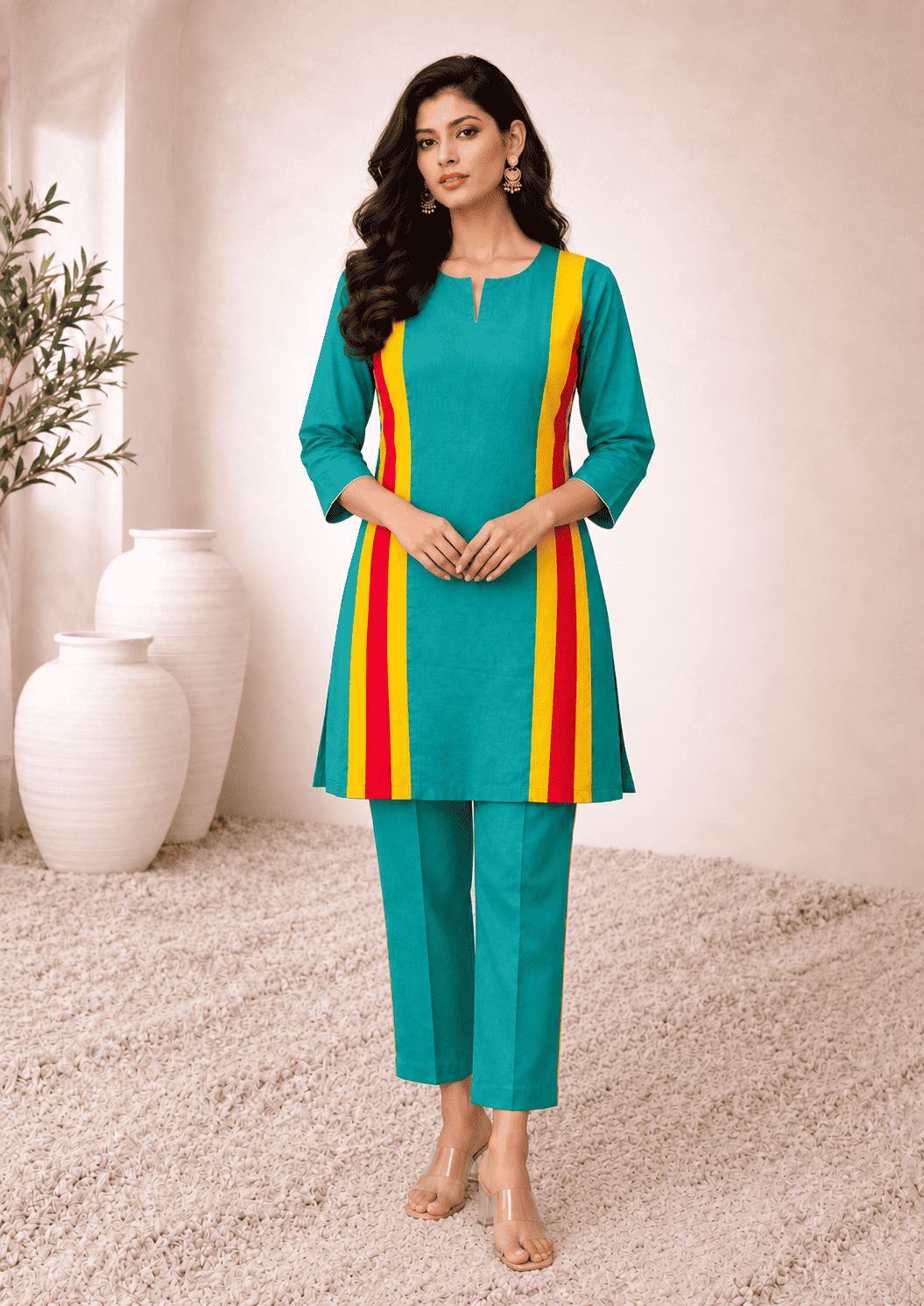 Teal Green with Yellow Pink Striped Panels linen Kurta Pant Set