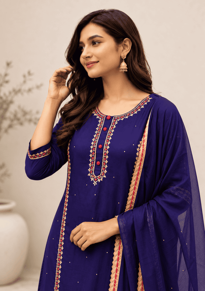 Royal blue silk kurta sharara set with embroidered detailing and chiffon dupatta