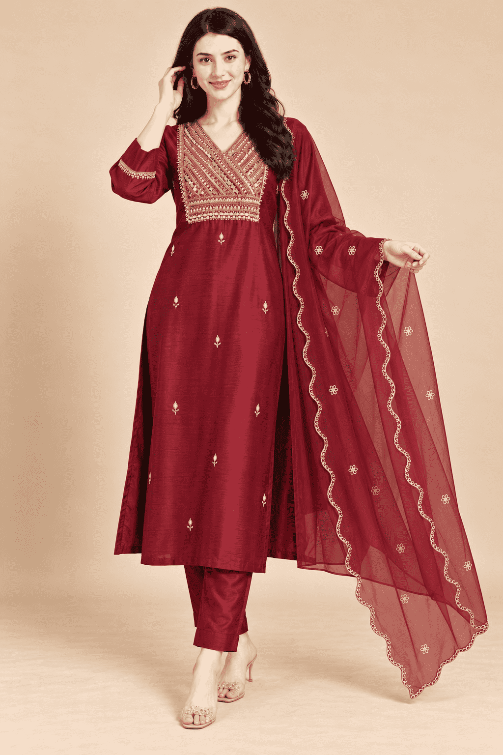 Wine Embroidered Dola Silk Straight Kurta and Pant with Dupatta