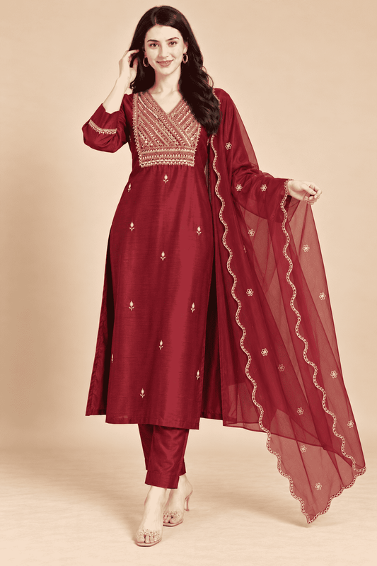 Wine Embroidered Dola Silk Straight Kurta and Pant with Dupatta