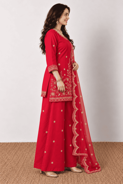 Fuchsia Cotton Straight Kurta palazzo With Dupatta
