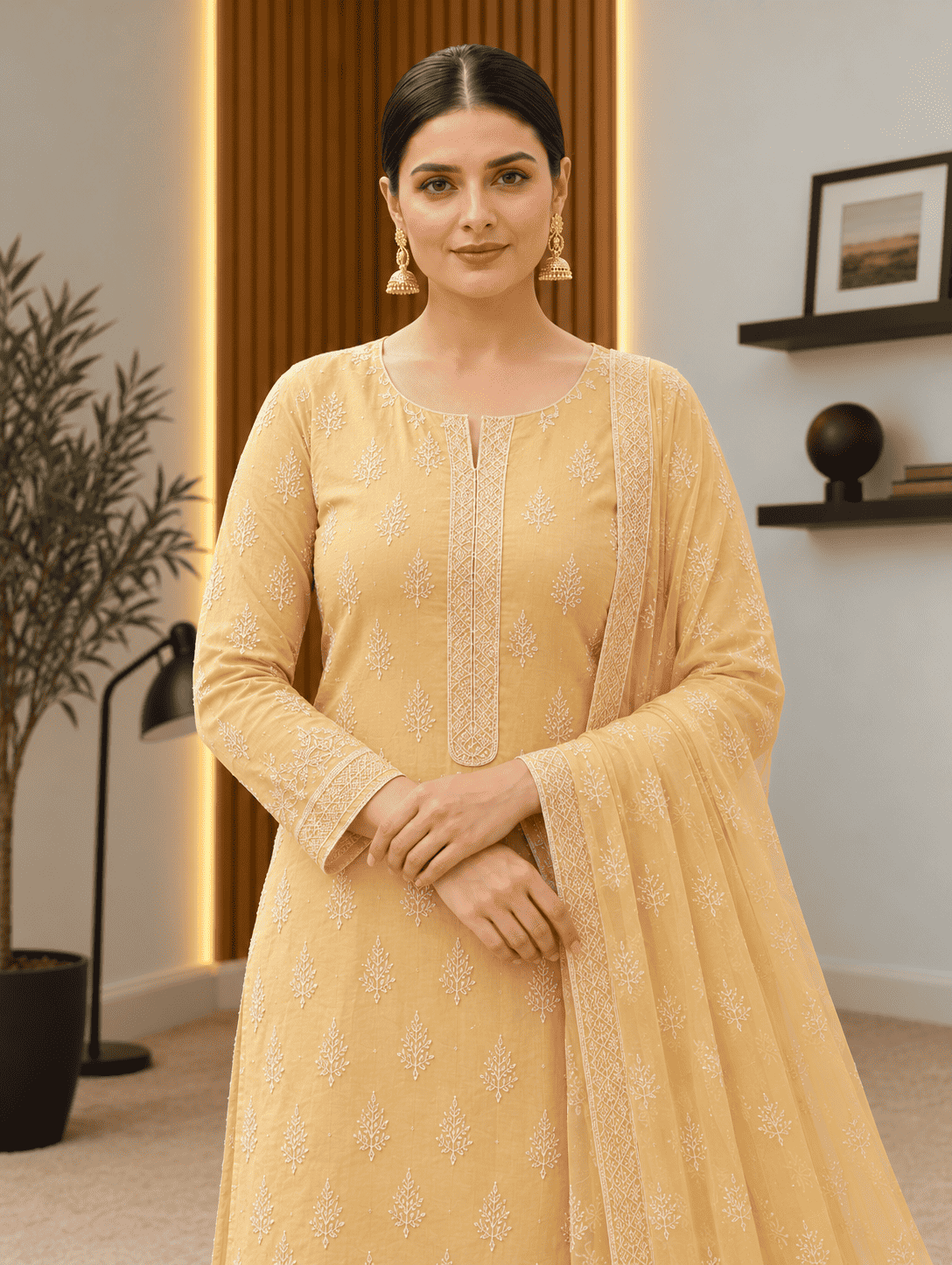Semi-Stitched Muted Olive-Beige Chiffon Suit With Delicate Ivory Sequin Leaf Embroidery