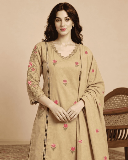 Cream Embroidered Mul Cotton Kurta and Printed Pant with Dupatta