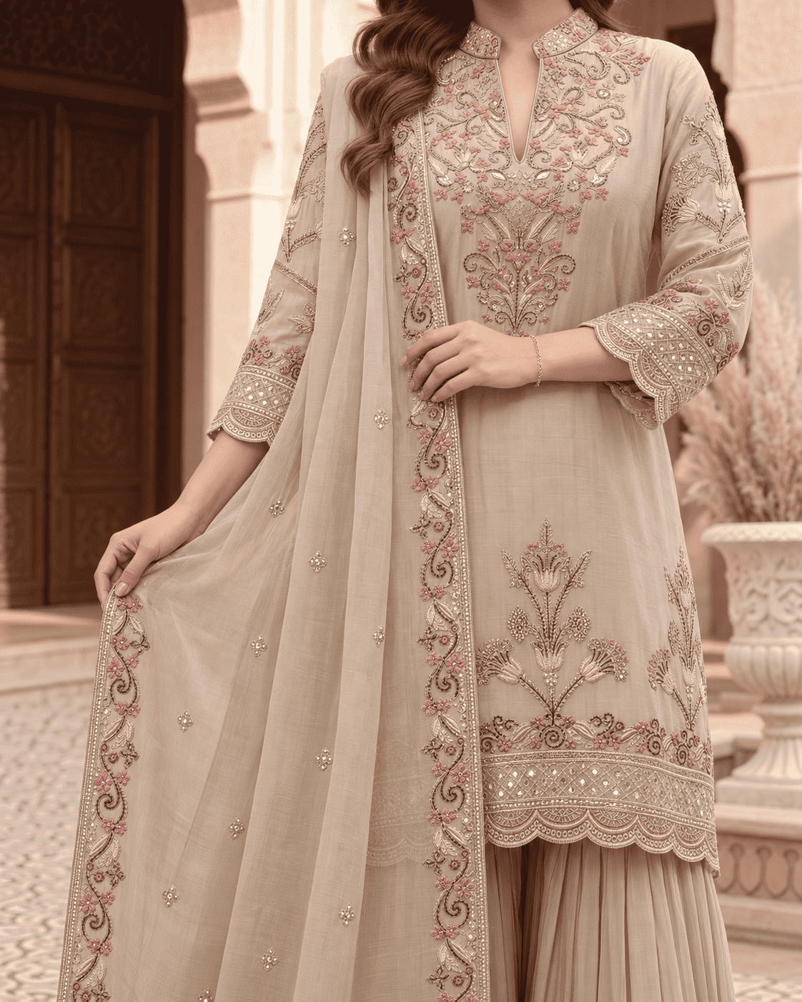 Beige Embroidered Chinon Kurta Sharara and Dupatta Set