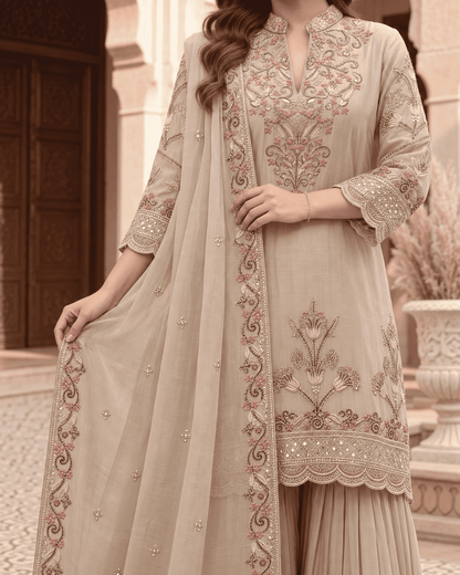Beige Embroidered Chinon Kurta Sharara and Dupatta Set