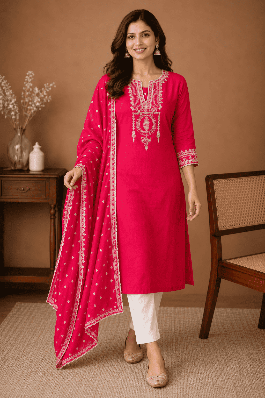 Hot pink cotton  embroidered kurta pant set with dupatta