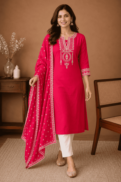 Hot pink cotton  embroidered kurta pant set with dupatta