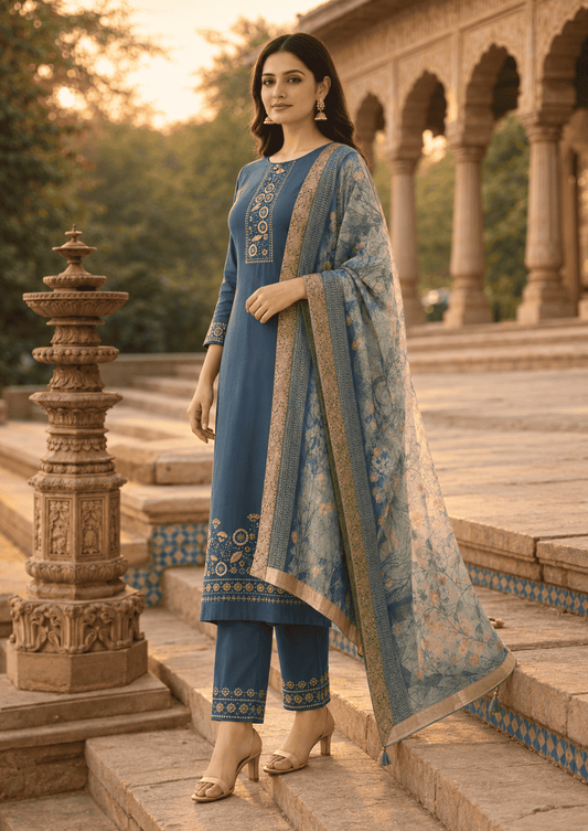 Dark Blue Cotton Blend Kurta Pant With Floral Printed Dupatta