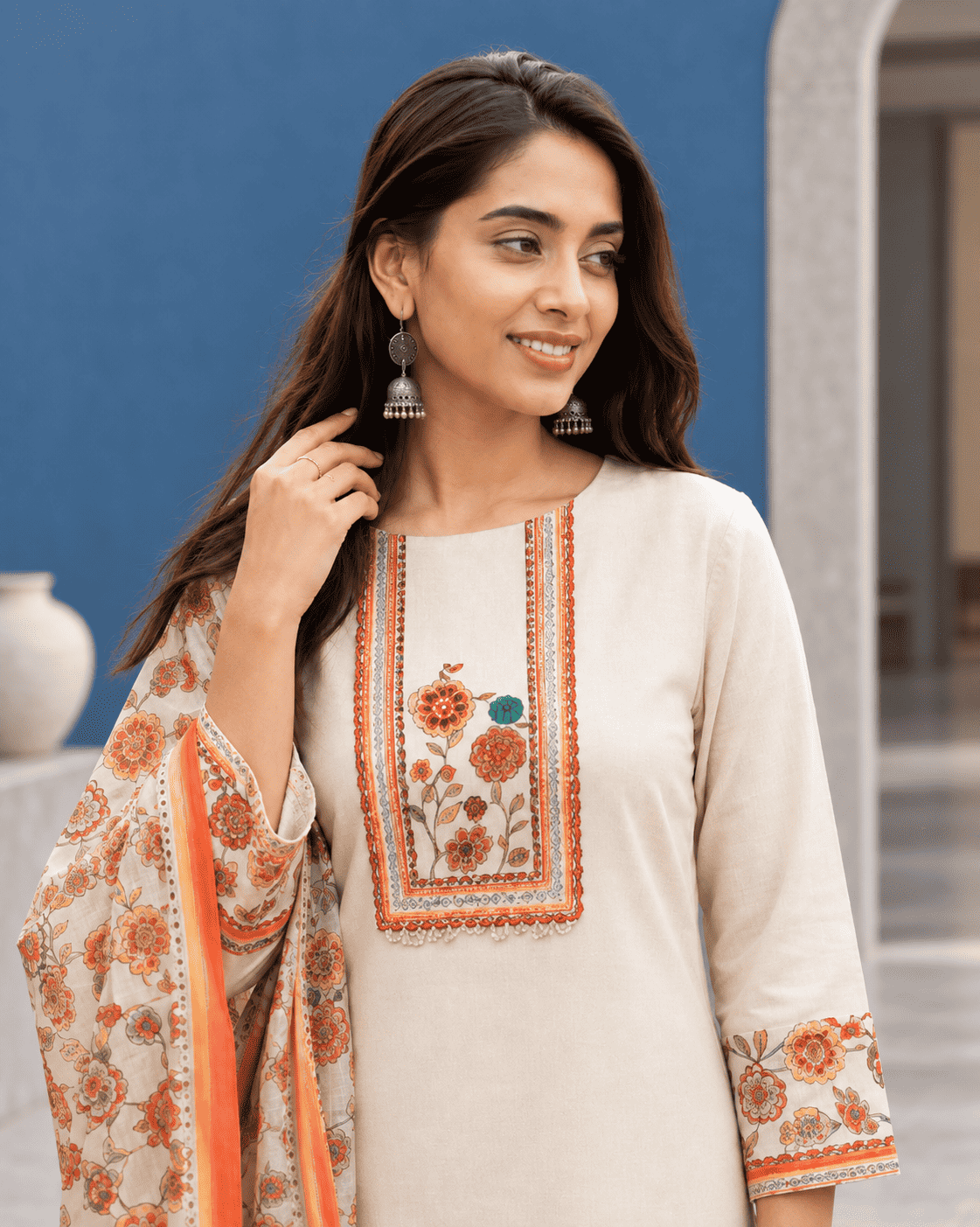 Unstitched cotton cream floral printed suit set with dupatta