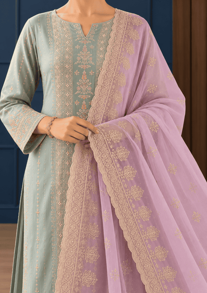Unstitched Blush Pink Organza Suit With Ivory-Gold Floral Embroidery Suit Material