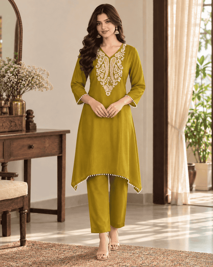 Mustard Embroidered Tissue Fabric Kurta Pant Set