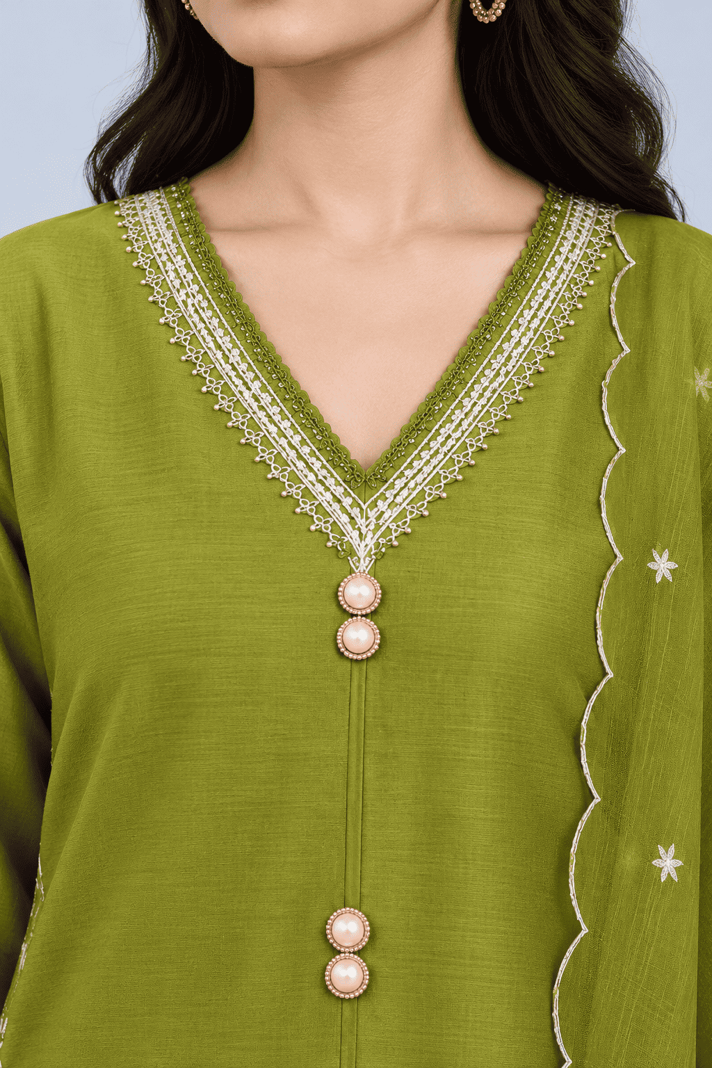 Olive Green Silk Embroidered Kurta pant Set with Dupatta