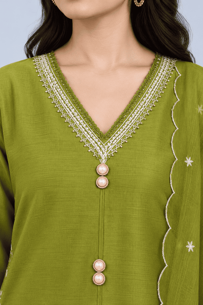 Olive Green Silk Embroidered Kurta pant Set with Dupatta