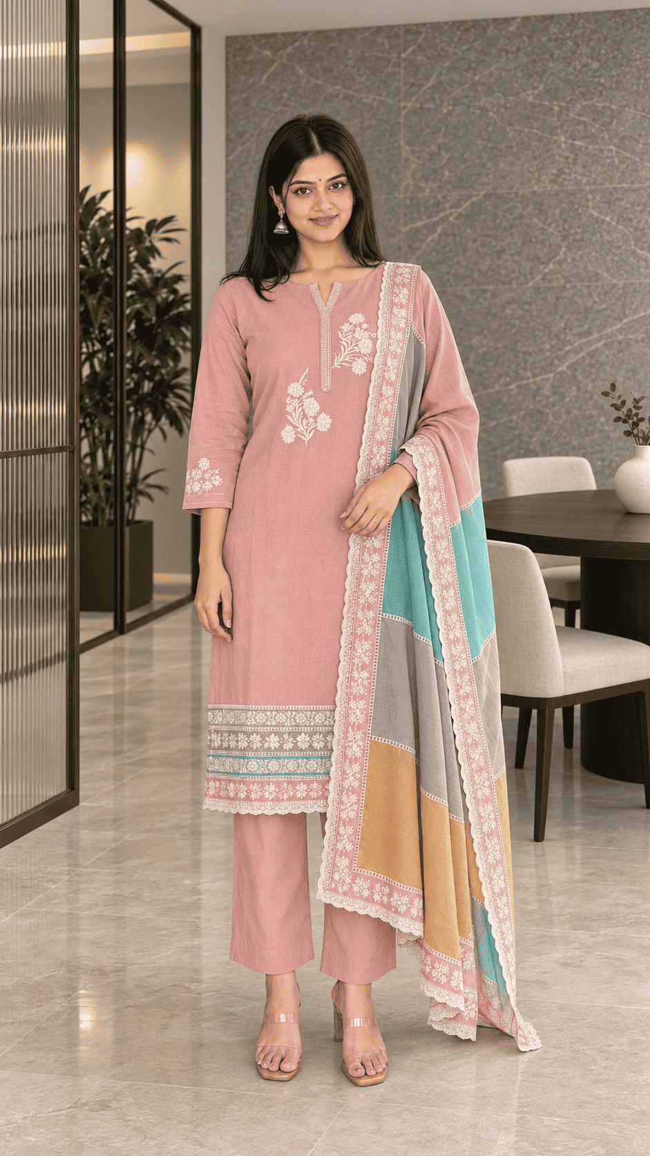 Unstitched pastel pink embroidered cotton suit set with a contrasting dupatta