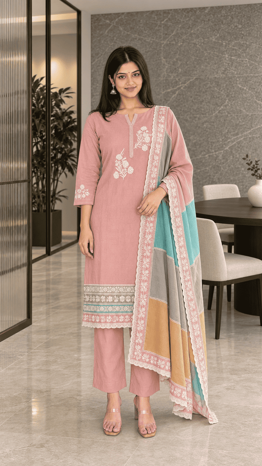 Unstitched pastel pink embroidered cotton suit set with a contrasting dupatta