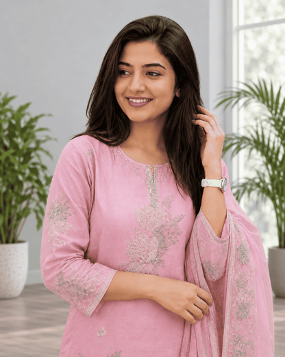 Unstitched pink embroidered cotton slub suit set with dupatta
