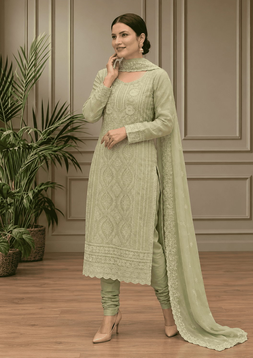 Semi-Stitched Soft Pastel Mint Green Organza Suit With Intricate White Thread And Golden Sequin Embroidery