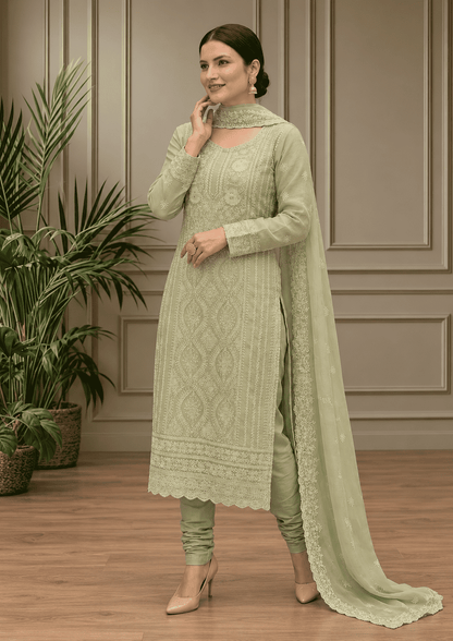 Semi-Stitched Soft Pastel Mint Green Organza Suit With Intricate White Thread And Golden Sequin Embroidery