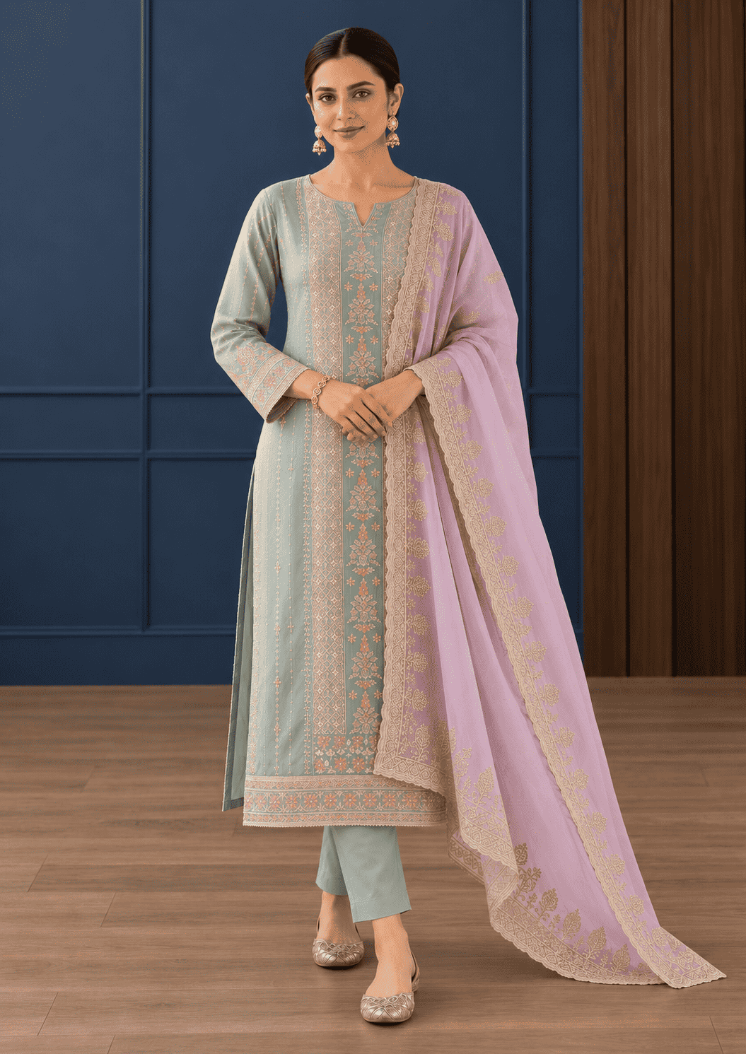 Unstitched Blush Pink Organza Suit With Ivory-Gold Floral Embroidery Suit Material