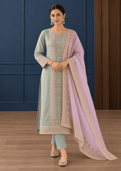 Unstitched Blush Pink Organza Suit With Ivory-Gold Floral Embroidery Suit Material