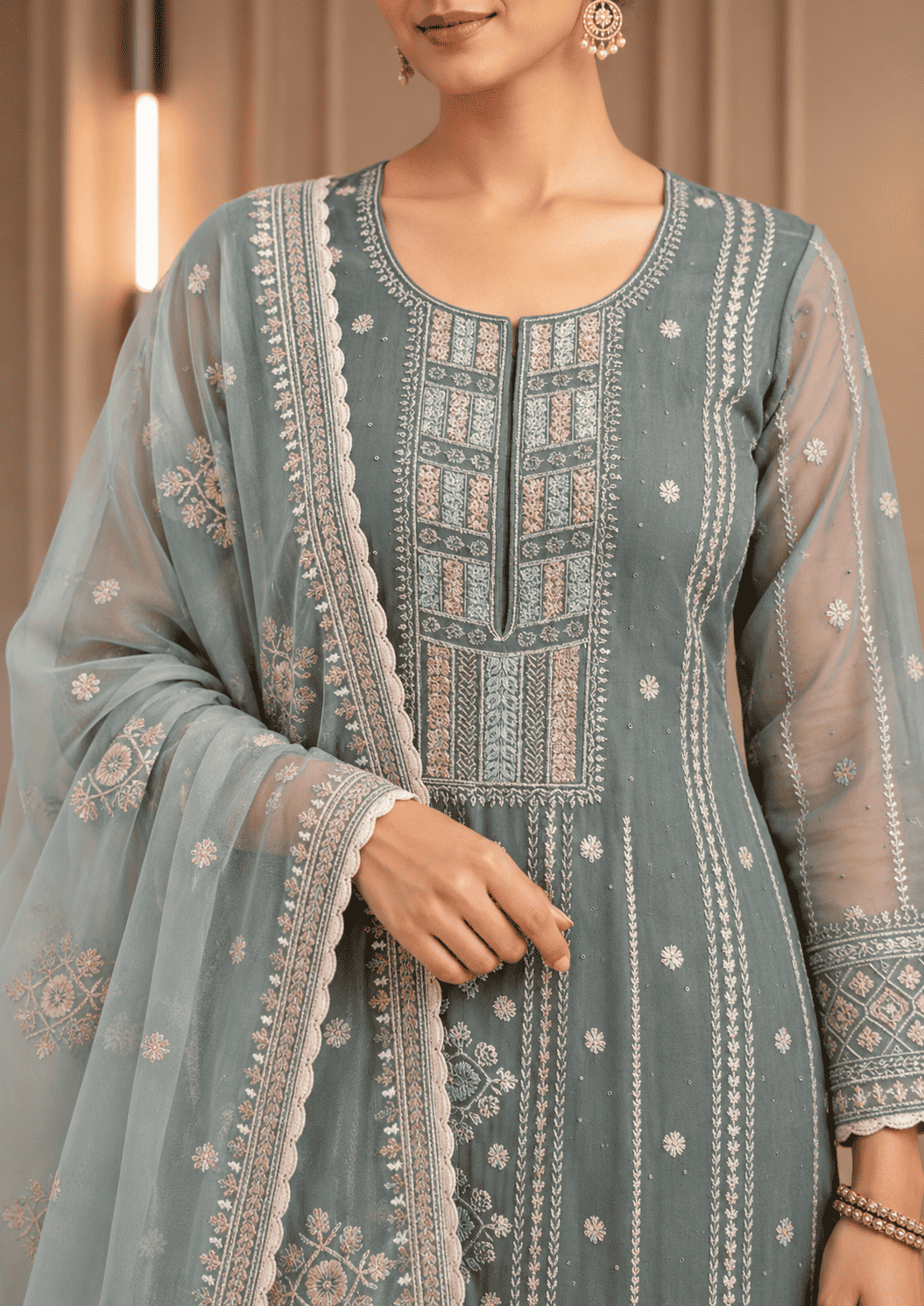 Unstitched Soft Sage-Green Organza With Fine Shimmer And Intricate Ivory Threadwork Suit Material