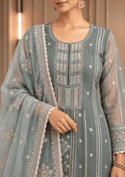Unstitched Soft Sage-Green Organza With Fine Shimmer And Intricate Ivory Threadwork Suit Material
