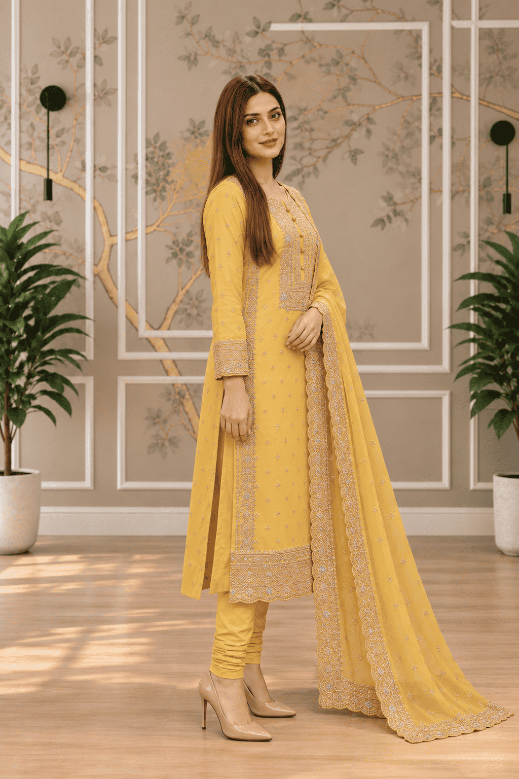 Semi-Stitched Pastel Yellow Organza With Embroidery Suit Material