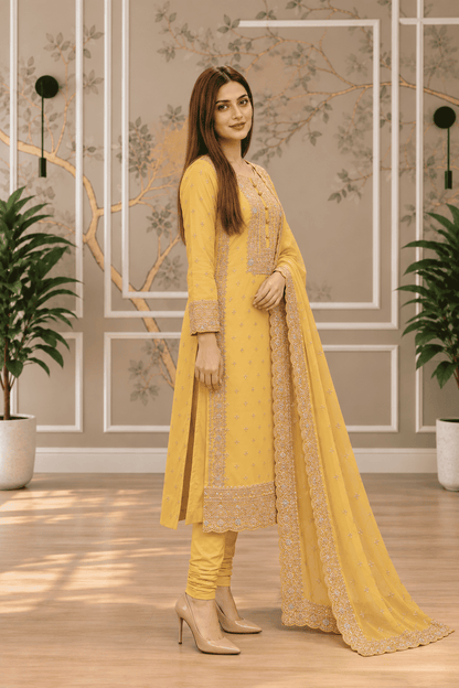 Semi-Stitched Pastel Yellow Organza With Embroidery Suit Material