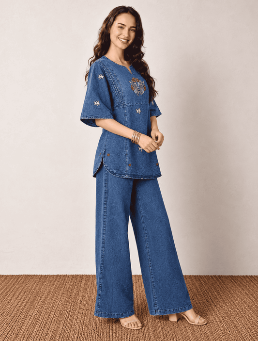 Blue Embroidered Denim Co-ord Set