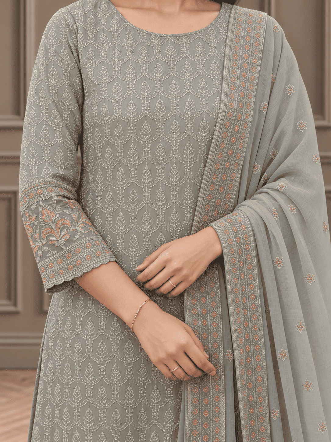 Unstitched Soft Dove-Grey Georgette Suit With Ivory Thread Embroidery And Subtle Sequin Highlights