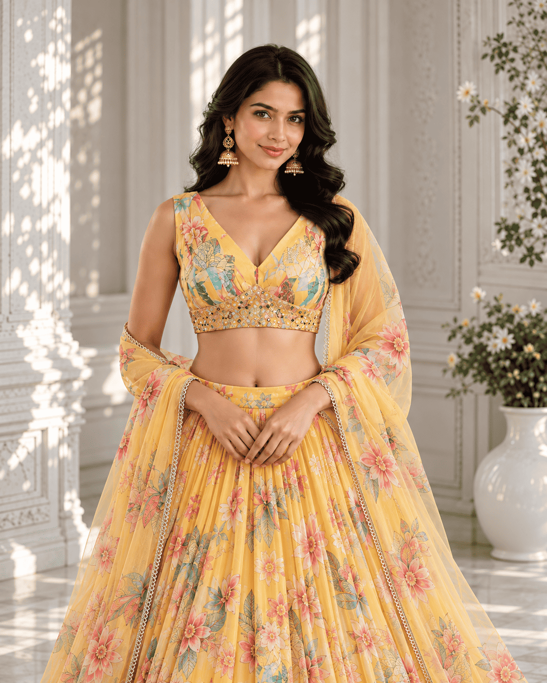 Yellow floral tebby organza lehenga choli with dupatta