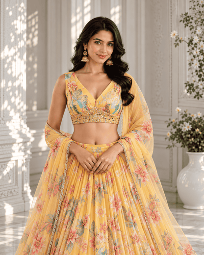 Yellow floral tebby organza lehenga choli with dupatta